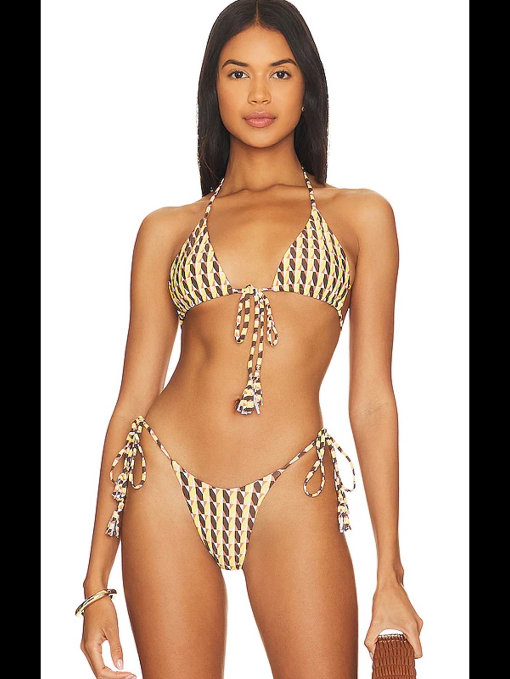 Geometric Triangle Print String Bikini - Yellow & Brown